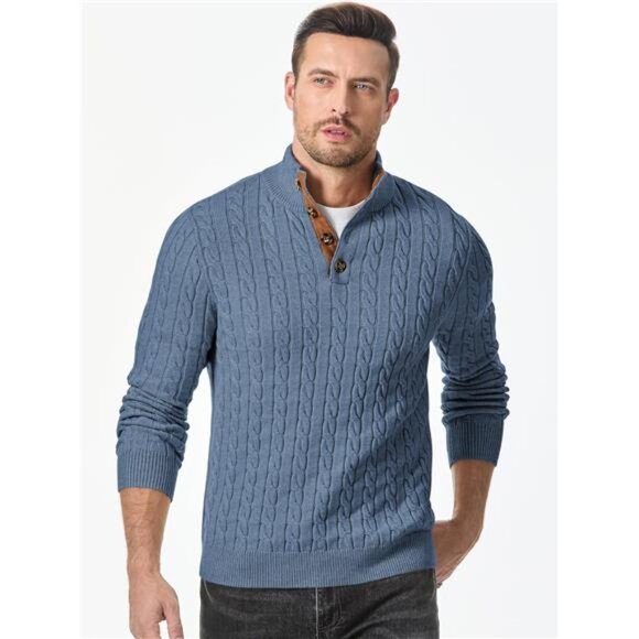 NEW Men's Cable Knit Pullover Sweater Casual Long Sleeve Stand Collar - Picture 4 of 6